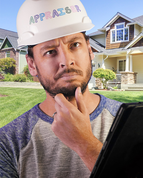 Mike Tilford with a hard hat that says Appraiser